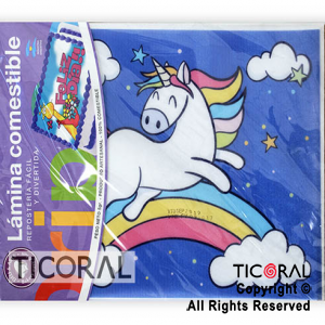 LAMINA COMESTIBLE UNICORNIO CON ARCO IRIS P/TORTAS 27CM x 21CM x 1